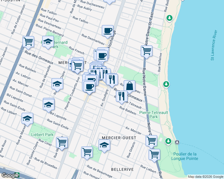 map of restaurants, bars, coffee shops, grocery stores, and more near 8714 Avenue Dubuisson in Montréal