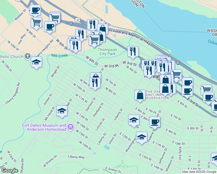 map of restaurants, bars, coffee shops, grocery stores, and more near 409 West 8th Street in The Dalles