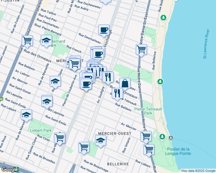 map of restaurants, bars, coffee shops, grocery stores, and more near in Montréal