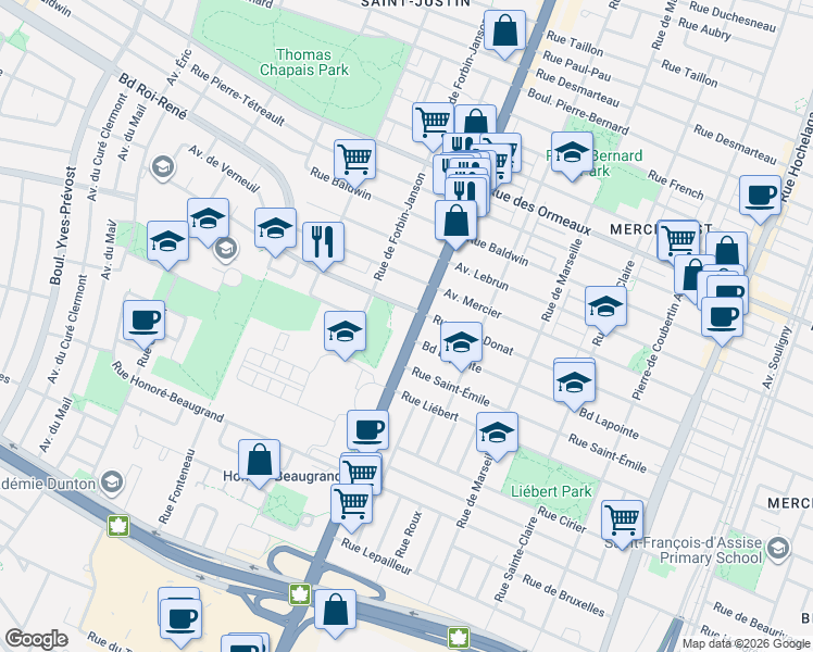 map of restaurants, bars, coffee shops, grocery stores, and more near 8325 Rue Sherbrooke Est in Montréal