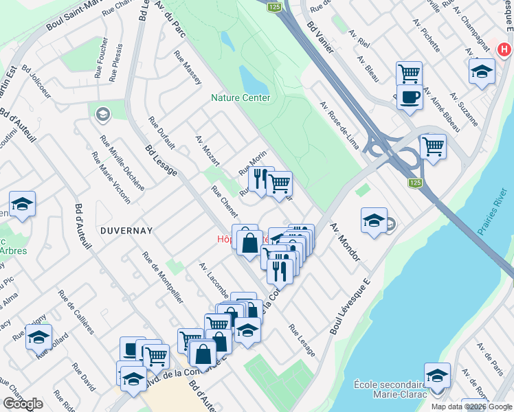 map of restaurants, bars, coffee shops, grocery stores, and more near 3832 Rue de Clichy in Laval