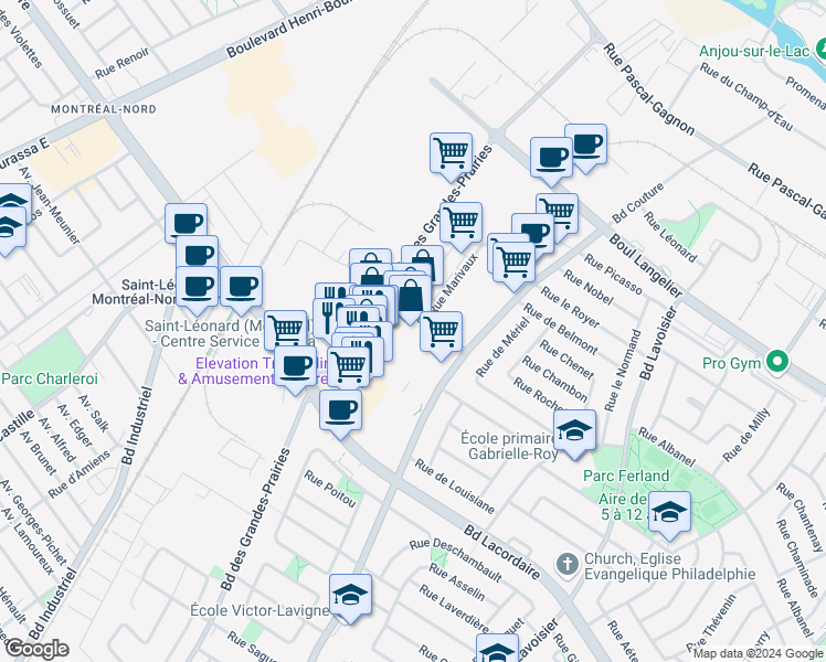 map of restaurants, bars, coffee shops, grocery stores, and more near 9280 Rue du Prado in Montréal