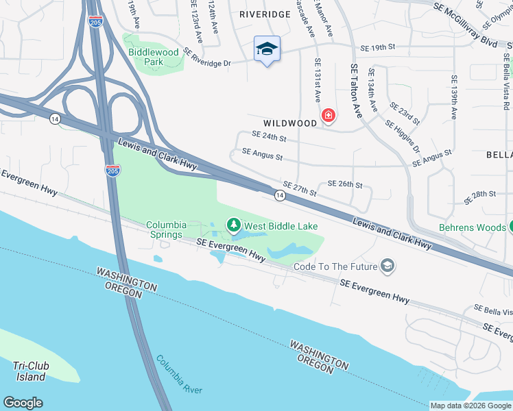 map of restaurants, bars, coffee shops, grocery stores, and more near 12400 Southeast Evergreen Highway in Vancouver