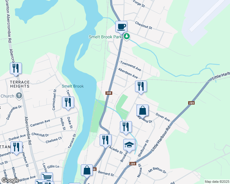 map of restaurants, bars, coffee shops, grocery stores, and more near 22 Liberty Avenue in New Glasgow