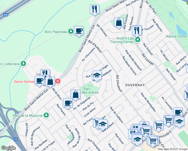 map of restaurants, bars, coffee shops, grocery stores, and more near 3150 Rue de Cap à l'Aigle in Laval