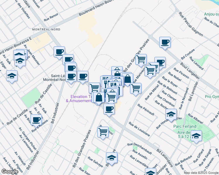 map of restaurants, bars, coffee shops, grocery stores, and more near 5935 Boulevard des Grandes-Prairies in Montréal