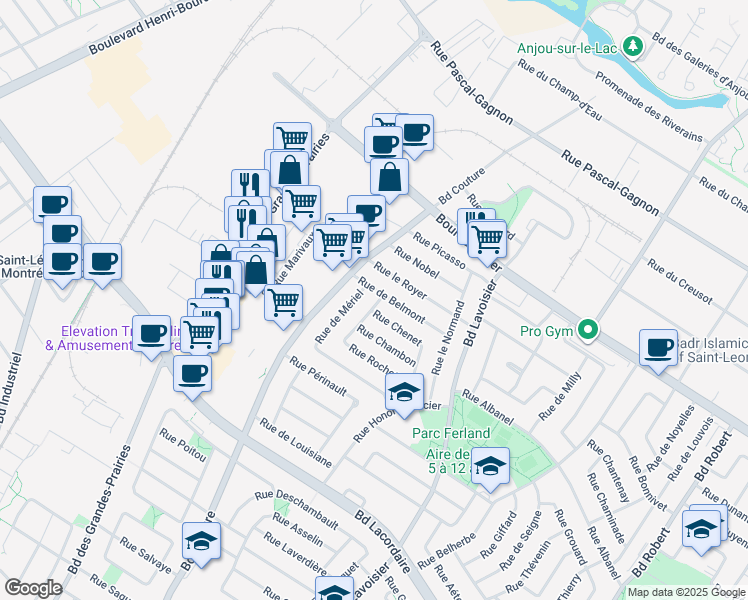 map of restaurants, bars, coffee shops, grocery stores, and more near 6197 Rue Perthuis in Montreal