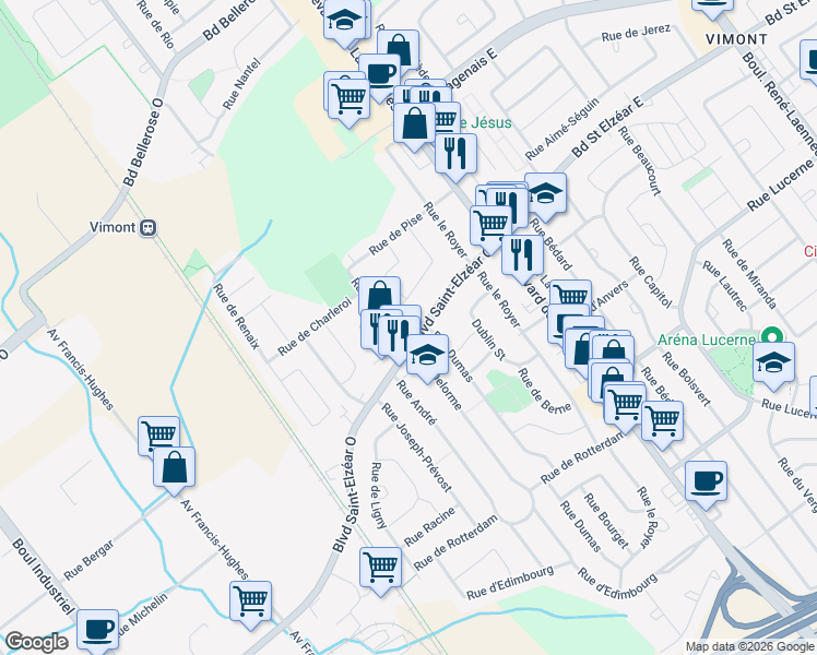 map of restaurants, bars, coffee shops, grocery stores, and more near 45 Boulevard Saint Elzéar Ouest in Laval