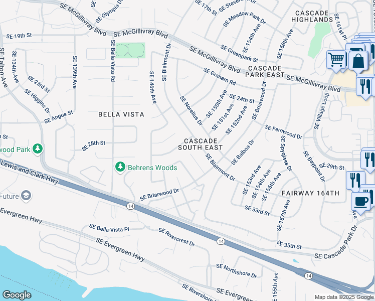 map of restaurants, bars, coffee shops, grocery stores, and more near 2900 Southeast 149th Court in Vancouver