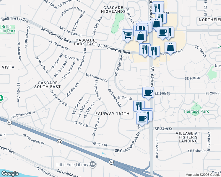 map of restaurants, bars, coffee shops, grocery stores, and more near 15803 Southeast 27th Circle in Vancouver