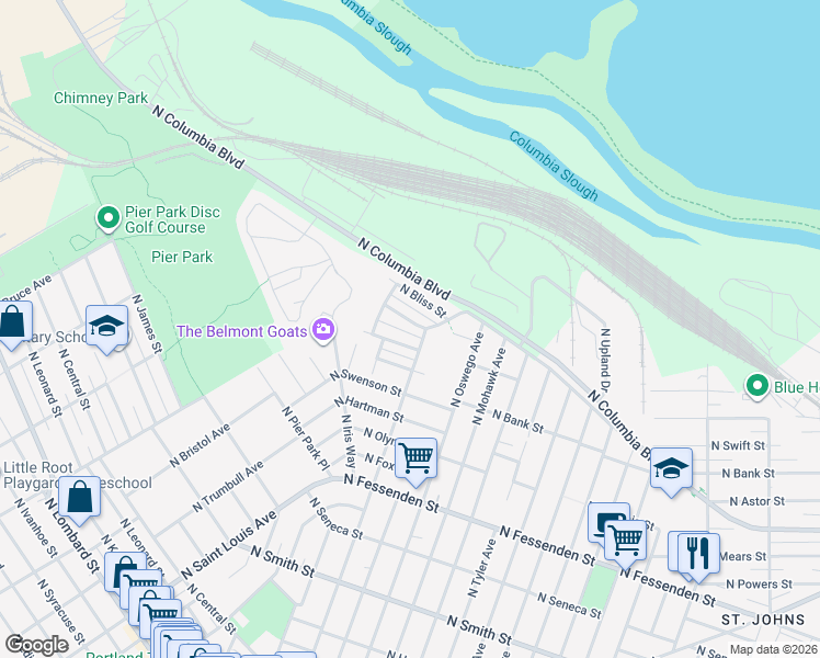 map of restaurants, bars, coffee shops, grocery stores, and more near 8324 North Johnswood Drive in Portland