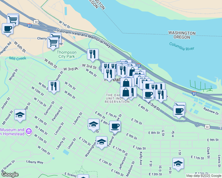 map of restaurants, bars, coffee shops, grocery stores, and more near in The Dalles