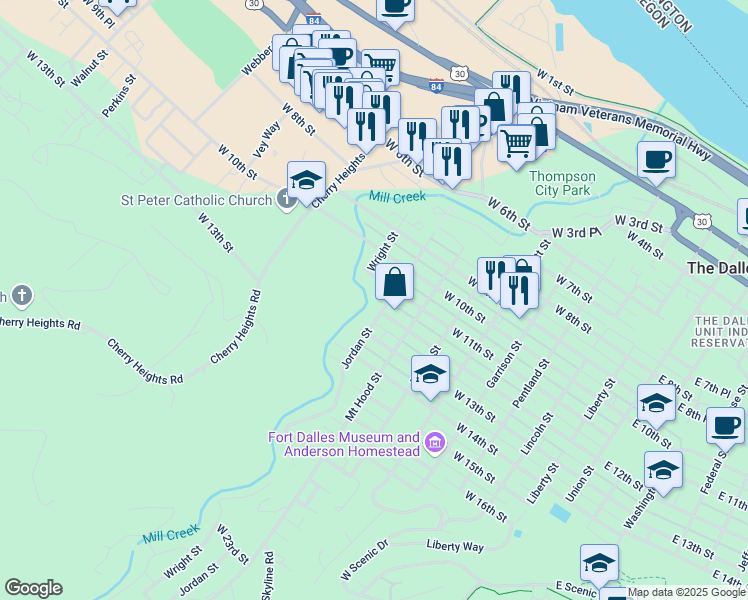 map of restaurants, bars, coffee shops, grocery stores, and more near 922 West 11th Street in The Dalles