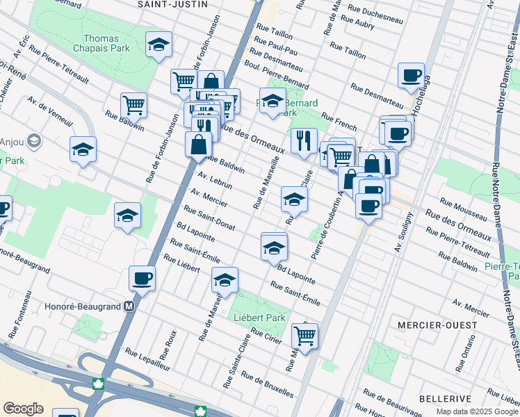 map of restaurants, bars, coffee shops, grocery stores, and more near 8508 Rue de Marseille in Montréal