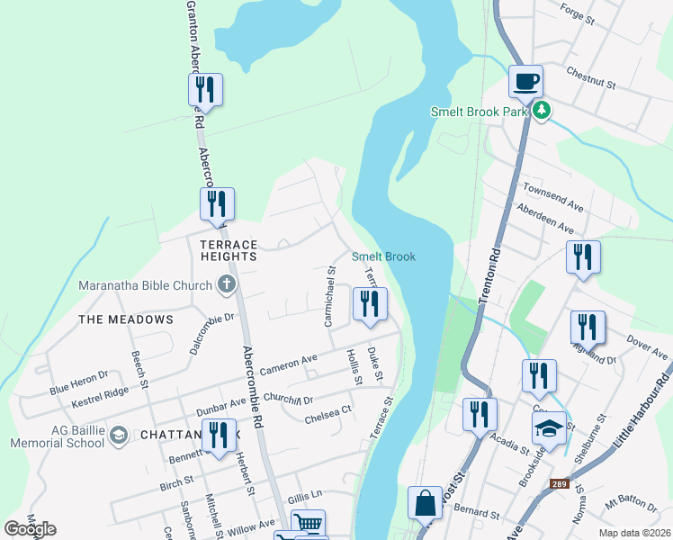 map of restaurants, bars, coffee shops, grocery stores, and more near 524 Carmichael Street in New Glasgow