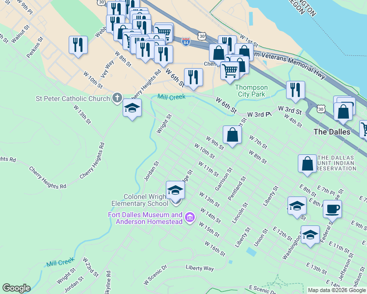 map of restaurants, bars, coffee shops, grocery stores, and more near 1111 Mount Hood Street in The Dalles