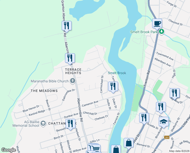 map of restaurants, bars, coffee shops, grocery stores, and more near 26 Carmichael Court in New Glasgow