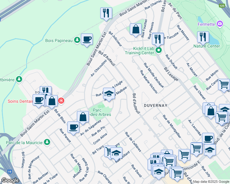 map of restaurants, bars, coffee shops, grocery stores, and more near 3225 Avenue de la Malbaie in Laval