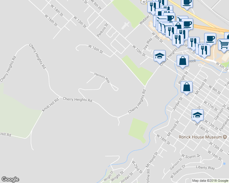 map of restaurants, bars, coffee shops, grocery stores, and more near 1306 Hermits Way in The Dalles