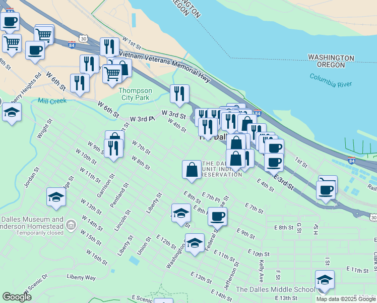 map of restaurants, bars, coffee shops, grocery stores, and more near 515 Liberty Street in The Dalles