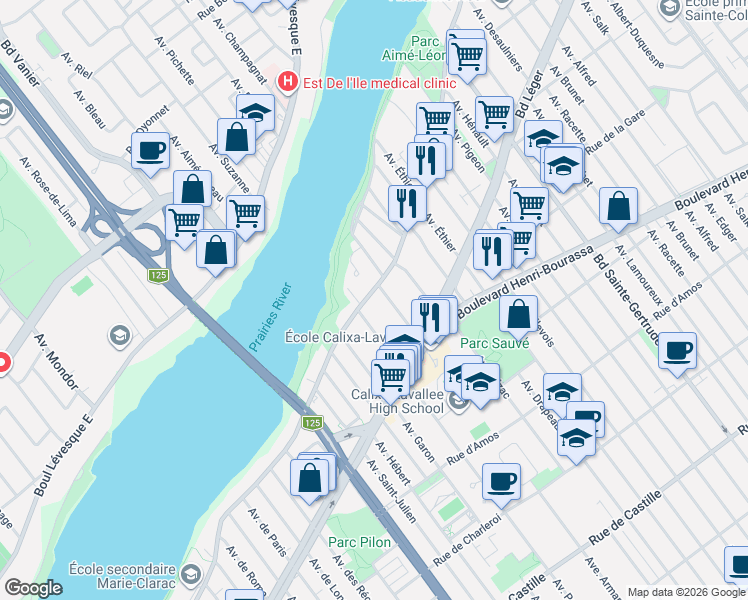 map of restaurants, bars, coffee shops, grocery stores, and more near 4444 Boulevard Gouin Est in Montrã©Al