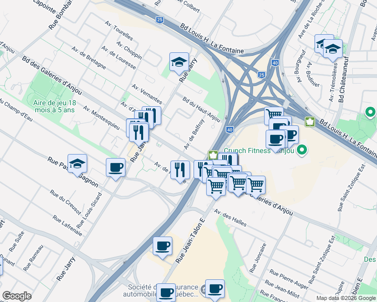 map of restaurants, bars, coffee shops, grocery stores, and more near 6965 Avenue de Champchevrier in Montréal