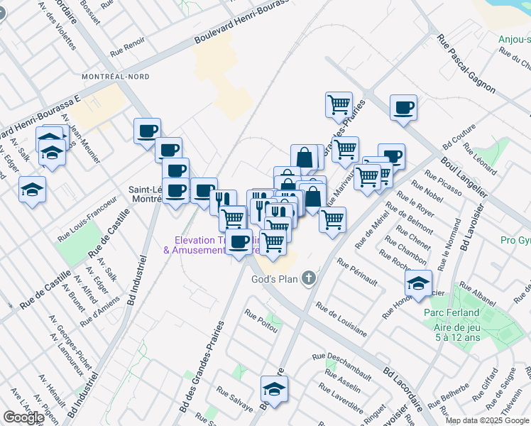map of restaurants, bars, coffee shops, grocery stores, and more near 6065 Boulevard des Grandes Prairies in Montreal