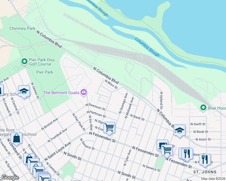 map of restaurants, bars, coffee shops, grocery stores, and more near 8259 North Johnswood Drive in Portland