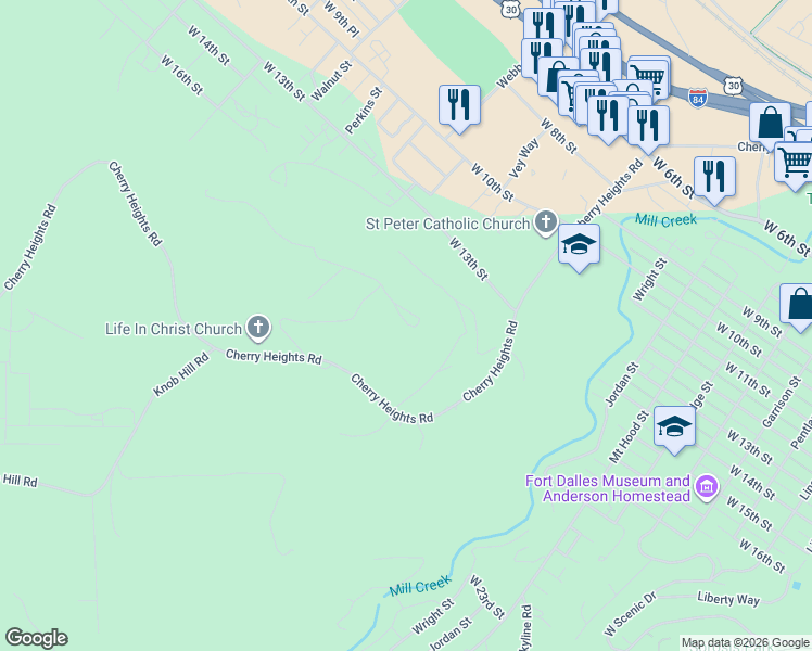 map of restaurants, bars, coffee shops, grocery stores, and more near 1306 Hermits Way in The Dalles
