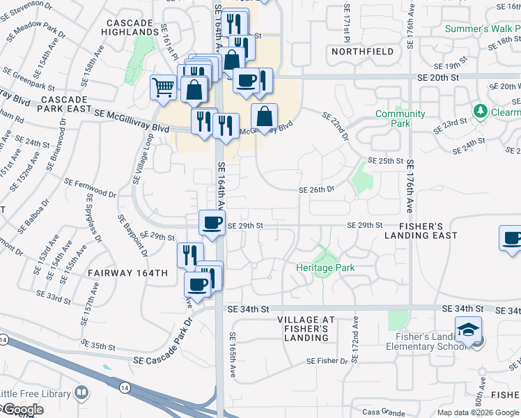 map of restaurants, bars, coffee shops, grocery stores, and more near The Cove at Fisher's Landing in Vancouver