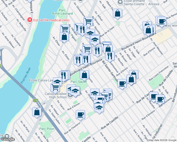 map of restaurants, bars, coffee shops, grocery stores, and more near 11542 Avenue l'Archevêque in Montréal