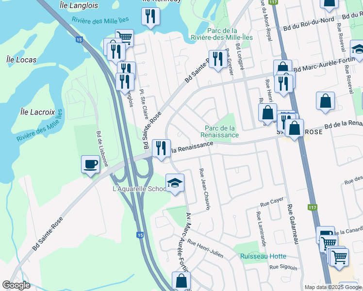 map of restaurants, bars, coffee shops, grocery stores, and more near 4451 Avenue de la Renaissance in Laval