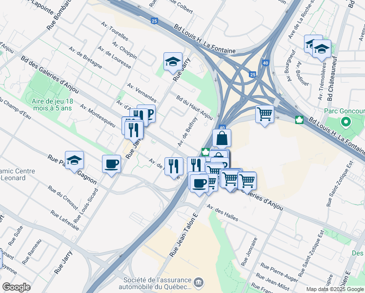 map of restaurants, bars, coffee shops, grocery stores, and more near 6965 Avenue de Champchevrier in Montréal