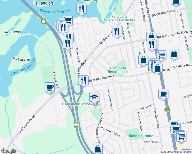 map of restaurants, bars, coffee shops, grocery stores, and more near 4475 Avenue de la Renaissance in Laval