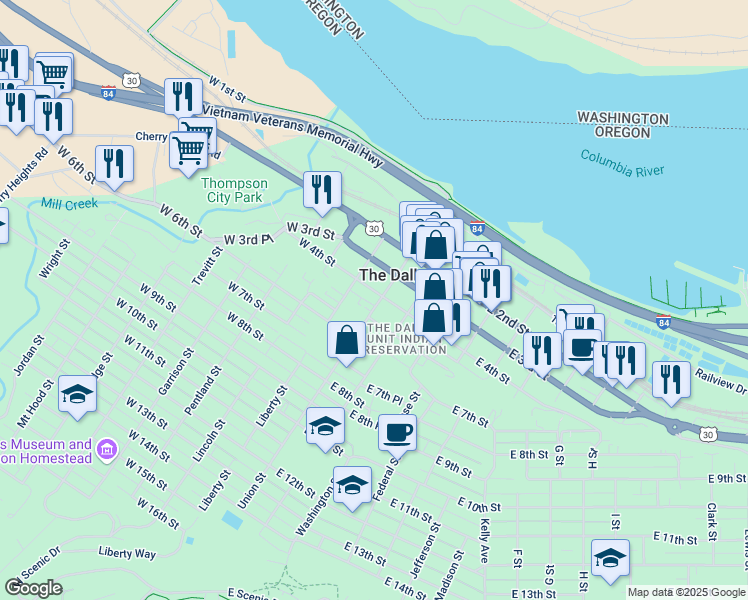 map of restaurants, bars, coffee shops, grocery stores, and more near 118 West 4th Street in The Dalles
