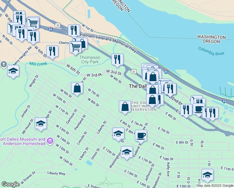 map of restaurants, bars, coffee shops, grocery stores, and more near 215 West 5th Place in The Dalles