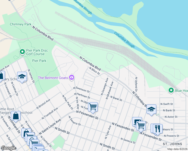 map of restaurants, bars, coffee shops, grocery stores, and more near 8329 North Johnswood Drive in Portland