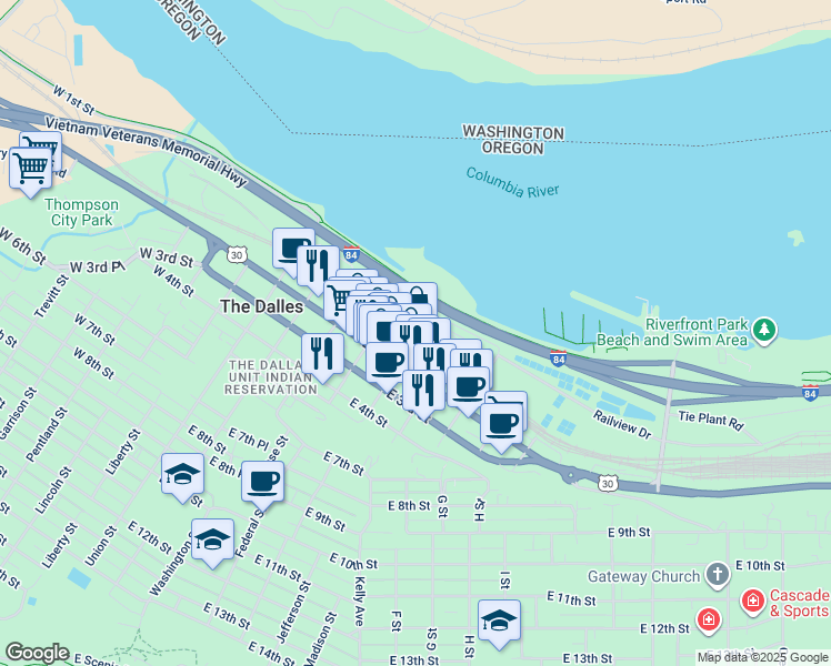 map of restaurants, bars, coffee shops, grocery stores, and more near 207 1/2 Laughlin Street in The Dalles