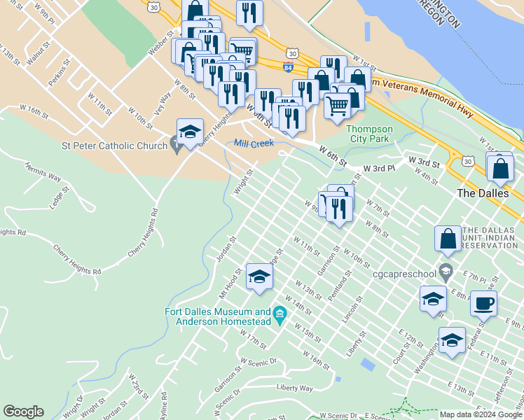 map of restaurants, bars, coffee shops, grocery stores, and more near 817 West 11th Street in The Dalles