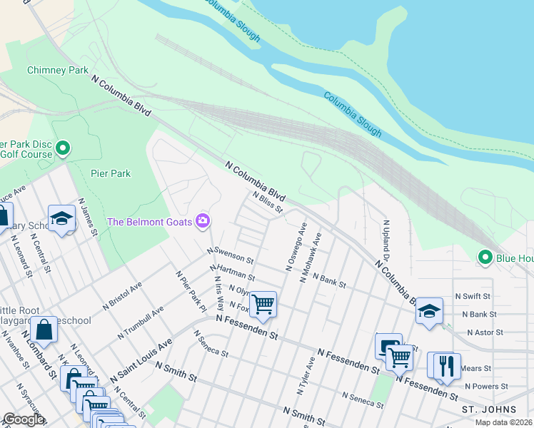 map of restaurants, bars, coffee shops, grocery stores, and more near 8329 North Johnswood Drive in Portland