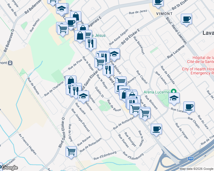 map of restaurants, bars, coffee shops, grocery stores, and more near 1841 Rue le Royer in Laval