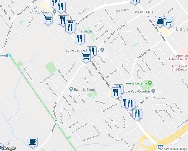 map of restaurants, bars, coffee shops, grocery stores, and more near 1841 Rue le Royer in Laval
