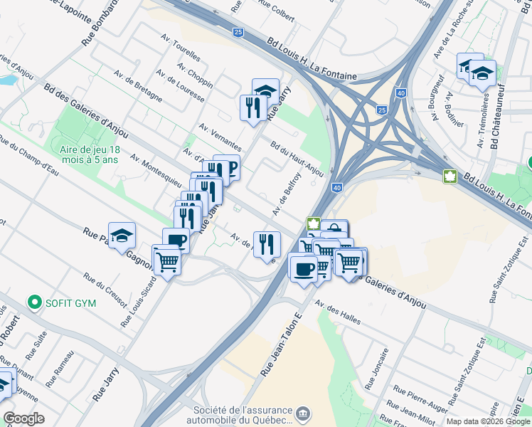 map of restaurants, bars, coffee shops, grocery stores, and more near 8311 Boulevard des Galeries d'Anjou in Montréal