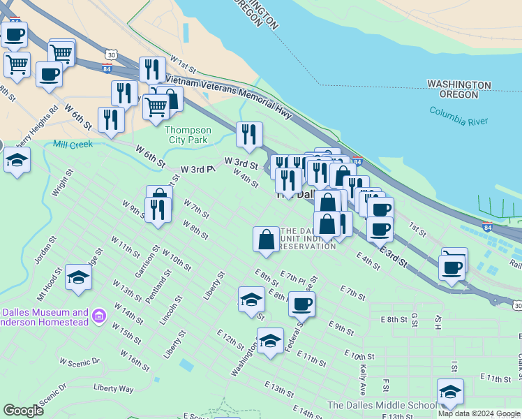 map of restaurants, bars, coffee shops, grocery stores, and more near 515 Liberty Street in The Dalles