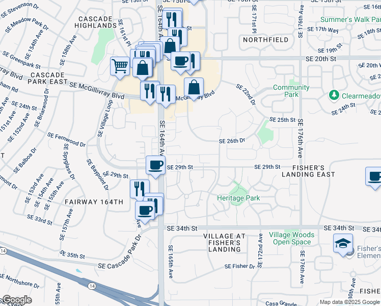 map of restaurants, bars, coffee shops, grocery stores, and more near 2625 Southeast 29th Street in Vancouver