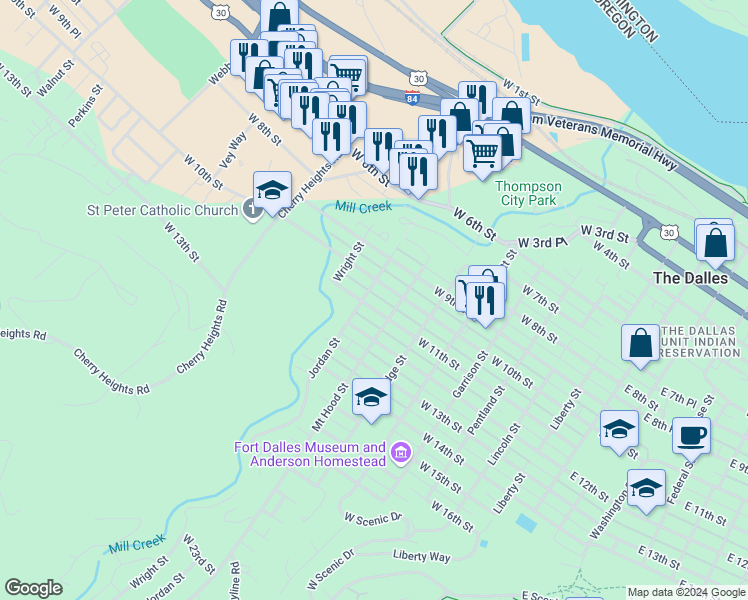 map of restaurants, bars, coffee shops, grocery stores, and more near 819 West 11th Street in The Dalles