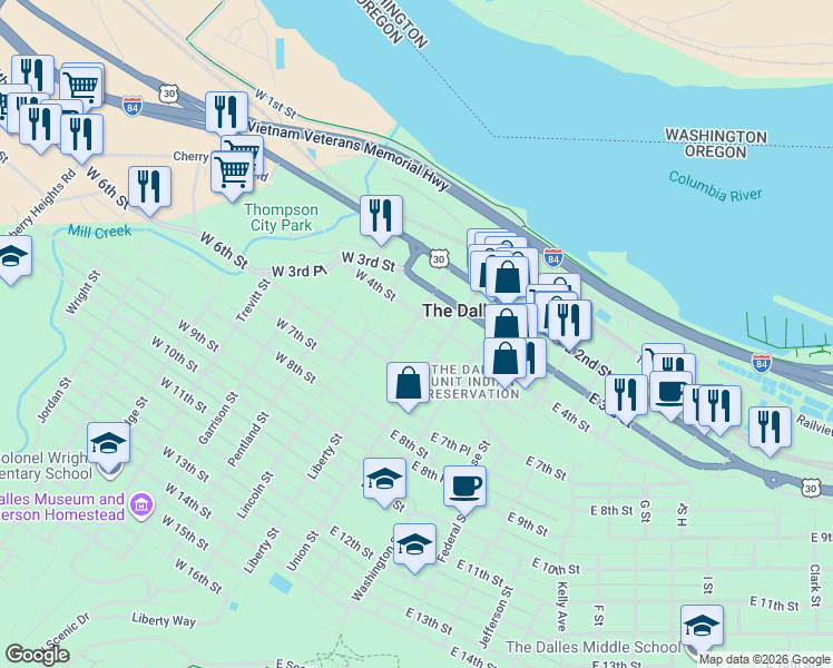 map of restaurants, bars, coffee shops, grocery stores, and more near 512 Liberty Street in The Dalles