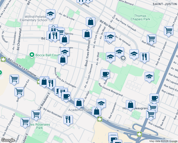map of restaurants, bars, coffee shops, grocery stores, and more near 7841 Avenue du Curé Clermont in Montréal