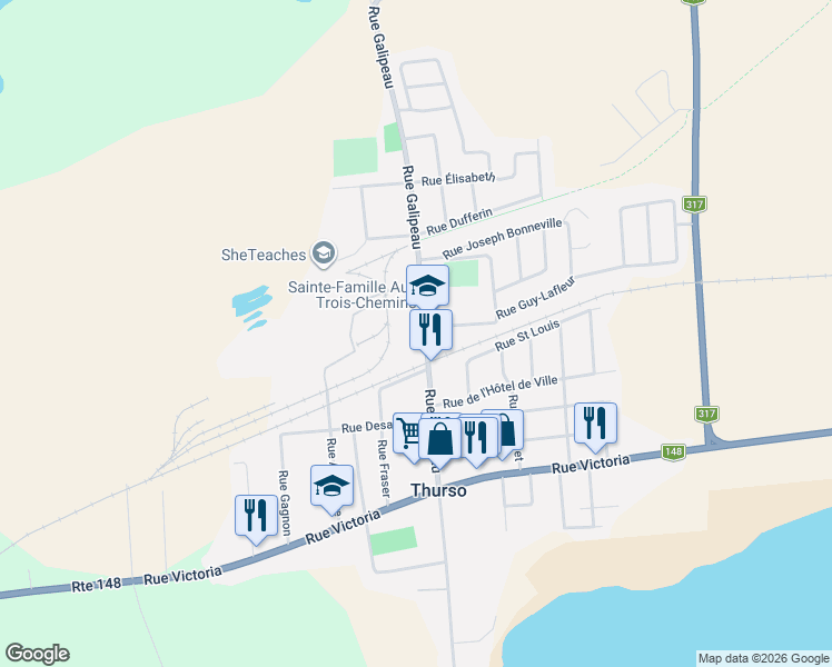 map of restaurants, bars, coffee shops, grocery stores, and more near 174 Rue Galipeau in Thurso