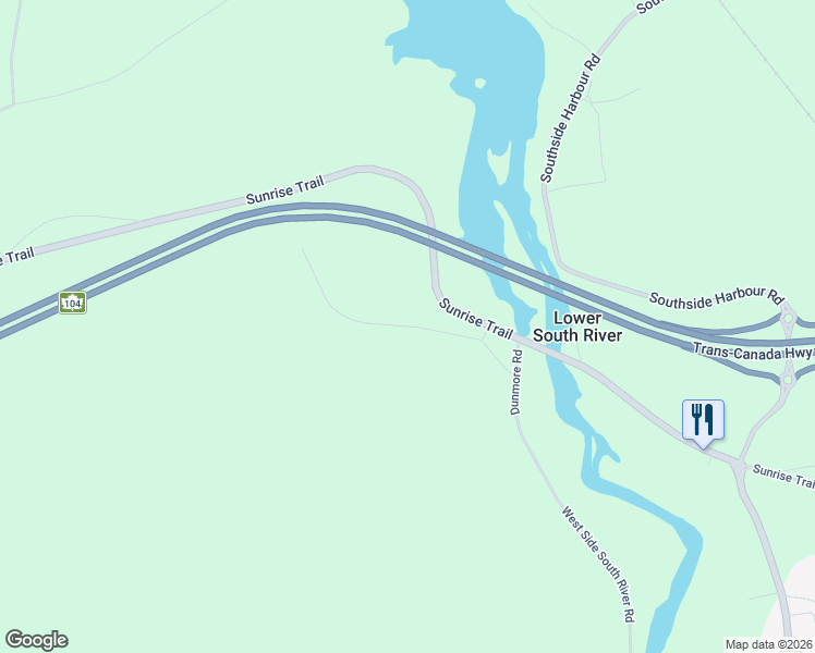 map of restaurants, bars, coffee shops, grocery stores, and more near Lower South River Loop in Antigonish